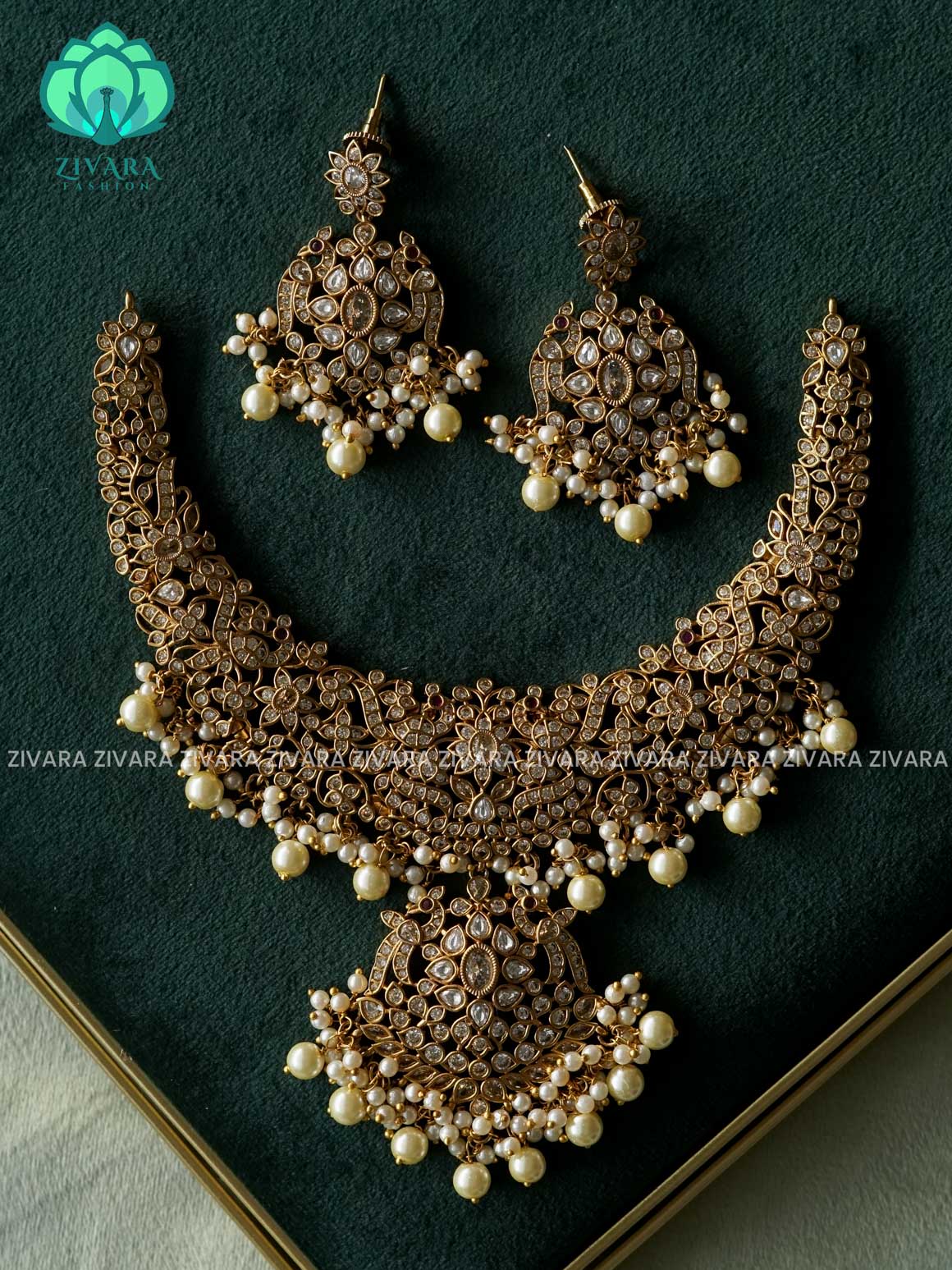 WHITE PEACOCK MOTIF SUBTLE MATTE FINISH WITH PEARL HANGINGS -Traditional south indian premium neckwear with earrings- Zivara Fashion- latest jewellery design