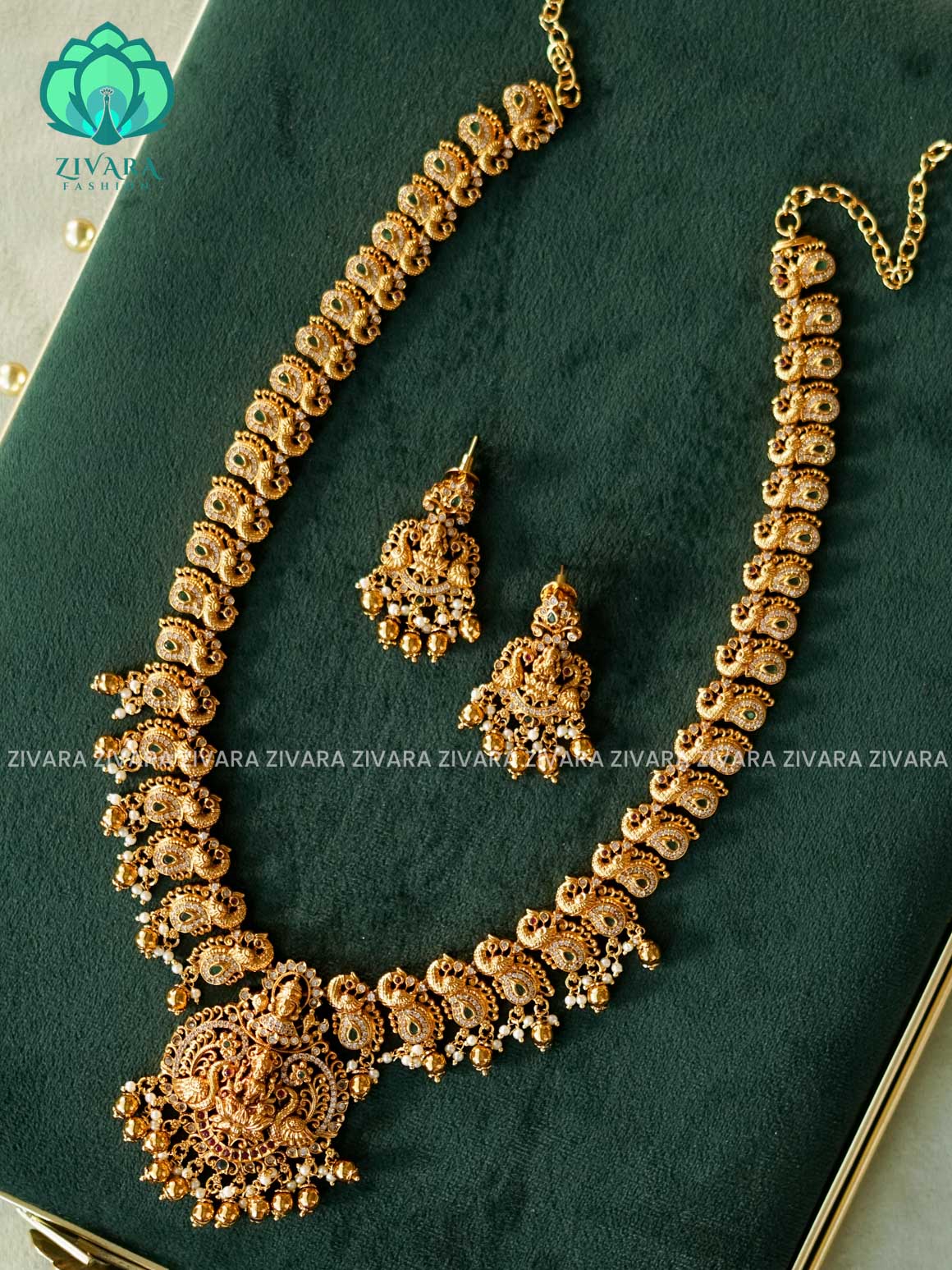 LAKSHMI PEACOCK HAARAM - Traditional PREMIUM MATTE polish MIDCHEST haaram/neckwear with earrings- Zivara Fashion