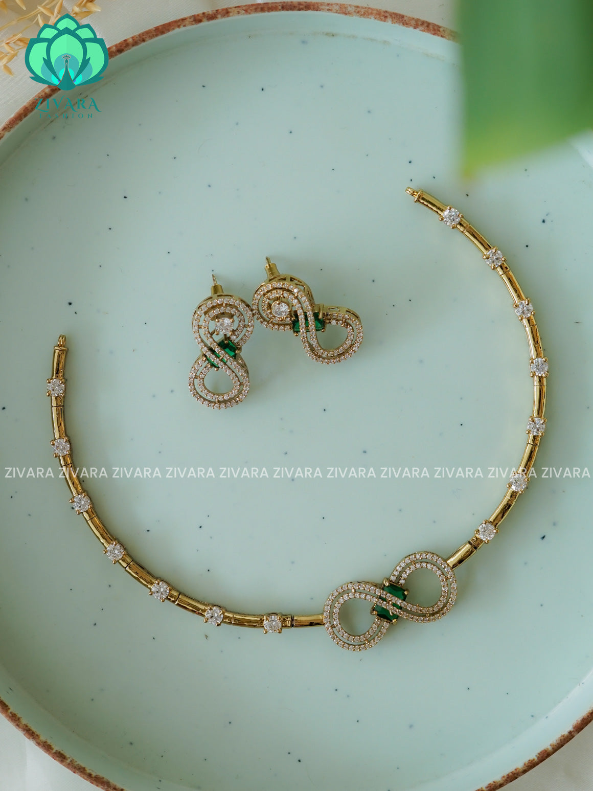 GREEN  INFINITY PENDANT  premium neckwear with earrings- Zivara Fashion- latest jewellery design