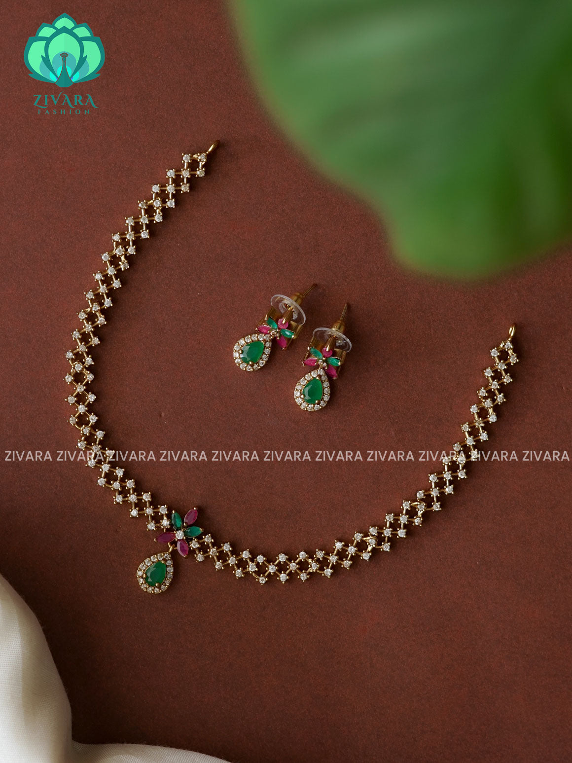 RUBY GREEN STONE AD MOTIF FREE TEAR- stylish and minimal elegant neckwear with earrings- Zivara Fashion