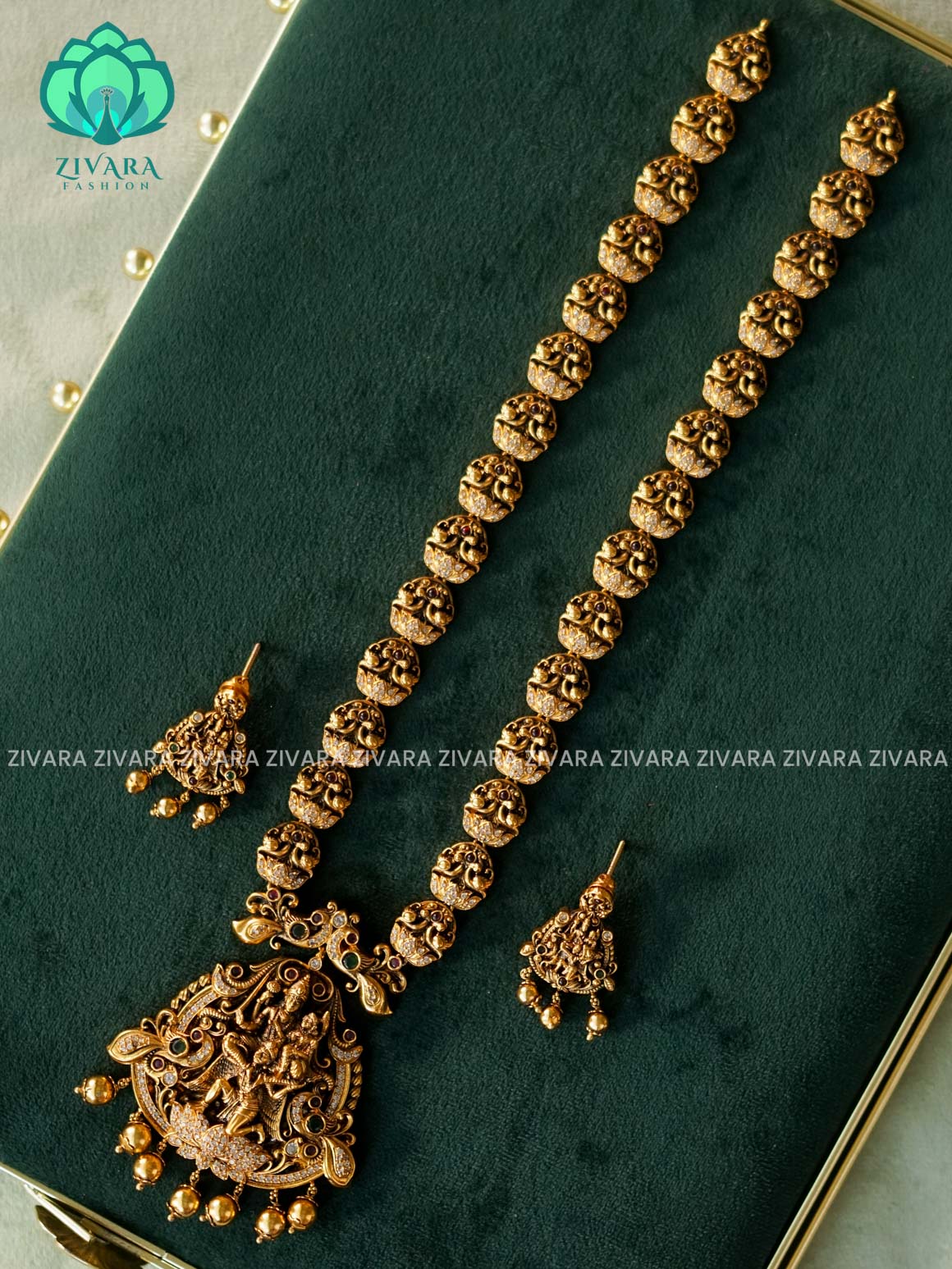 GARUDA VISHNU HAARAM - Traditional PREMIUM MATTE polish MIDCHEST haaram/neckwear with earrings- Zivara Fashion