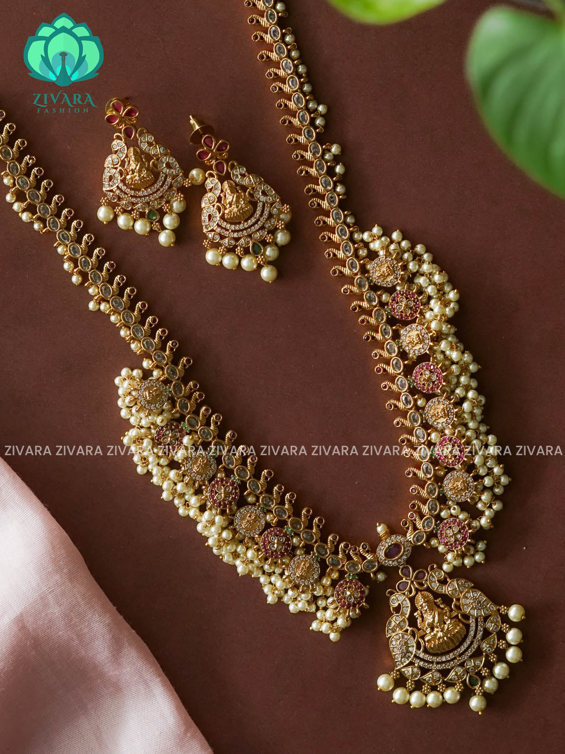 TEMPLE LONG CHAIN  GUTTAPUSALU - Traditional PREMIUM MATTE polish MIDCHEST haaram/neckwear with earrings- Zivara Fashion