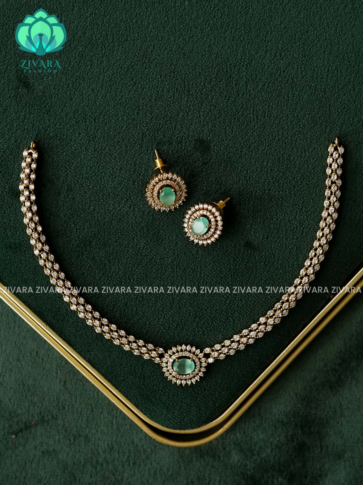 PASTEL GREEN -  OVAL STONE ELEGANT  - PREMIUM SUBTLE GOLD FINISH  stylish and minimal elegant neckwear with earrings- Zivara Fashion