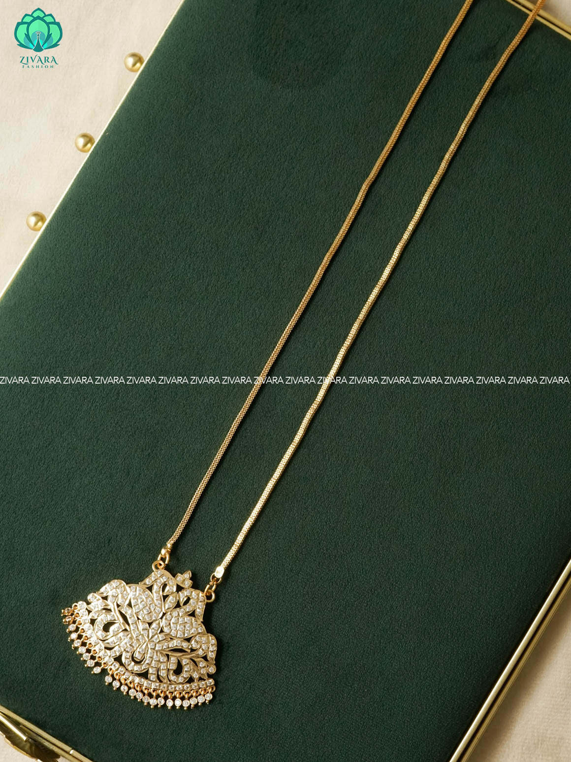 AMBIGAI - WHITE STONE PEACOCK MICROGOLD POLISH WITH LONG CHAIN -Traditional south indian premium HAARAM- Zivara Fashion