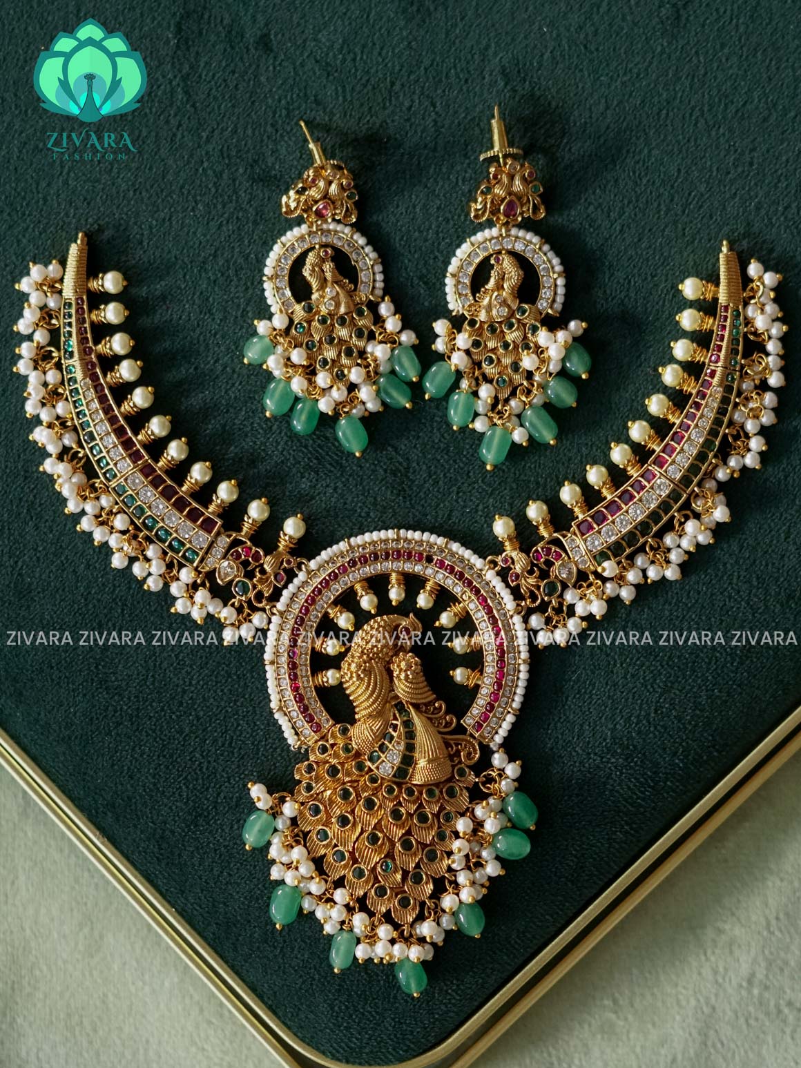 AKSHAYAM - GREEN BEADS PEACOCK HEAVY REAL KEMP  BRIDAL HASLI -Traditional south indian premium neckwear with earrings- Zivara Fashion- latest jewellery design.