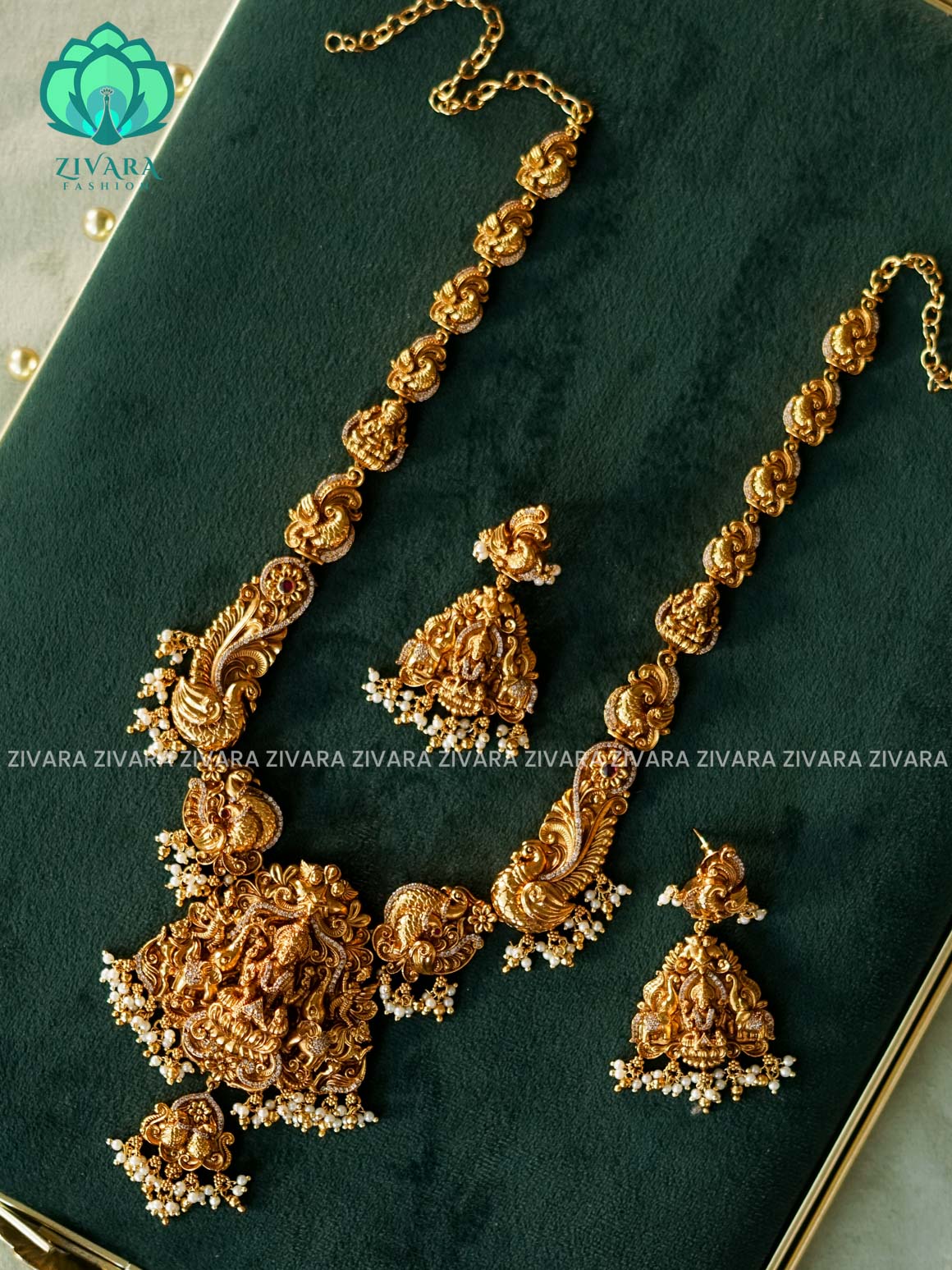 GRAND BRIDAL LAKSHMI WITH ELEPHANT HAARAM - Traditional PREMIUM MATTE polish MIDCHEST haaram/neckwear with earrings- Zivara Fashion