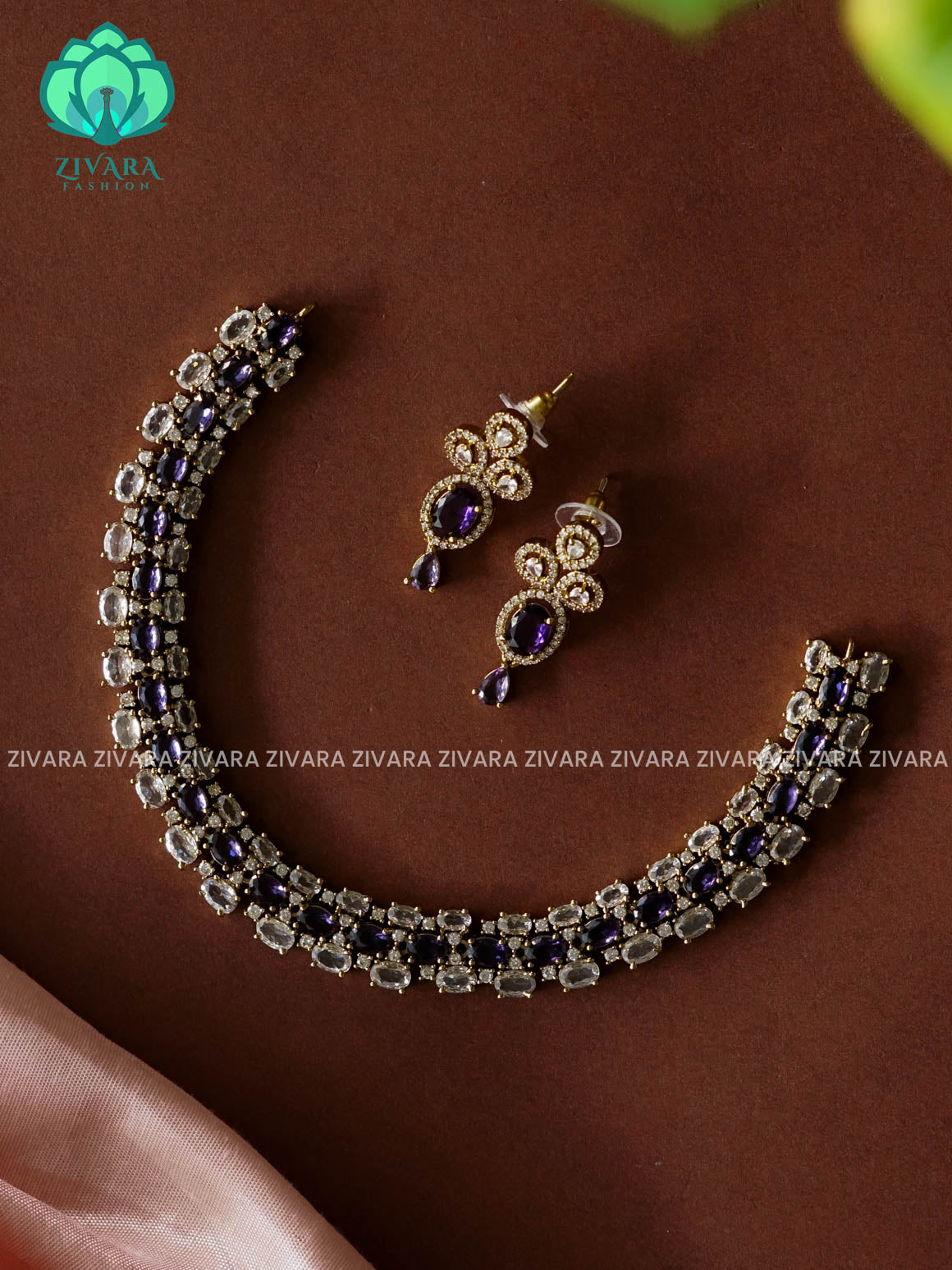 VIOLET DIAMOND LOOK ALIKE  - stylish and minimal elegant neckwear with earrings- Zivara Fashion