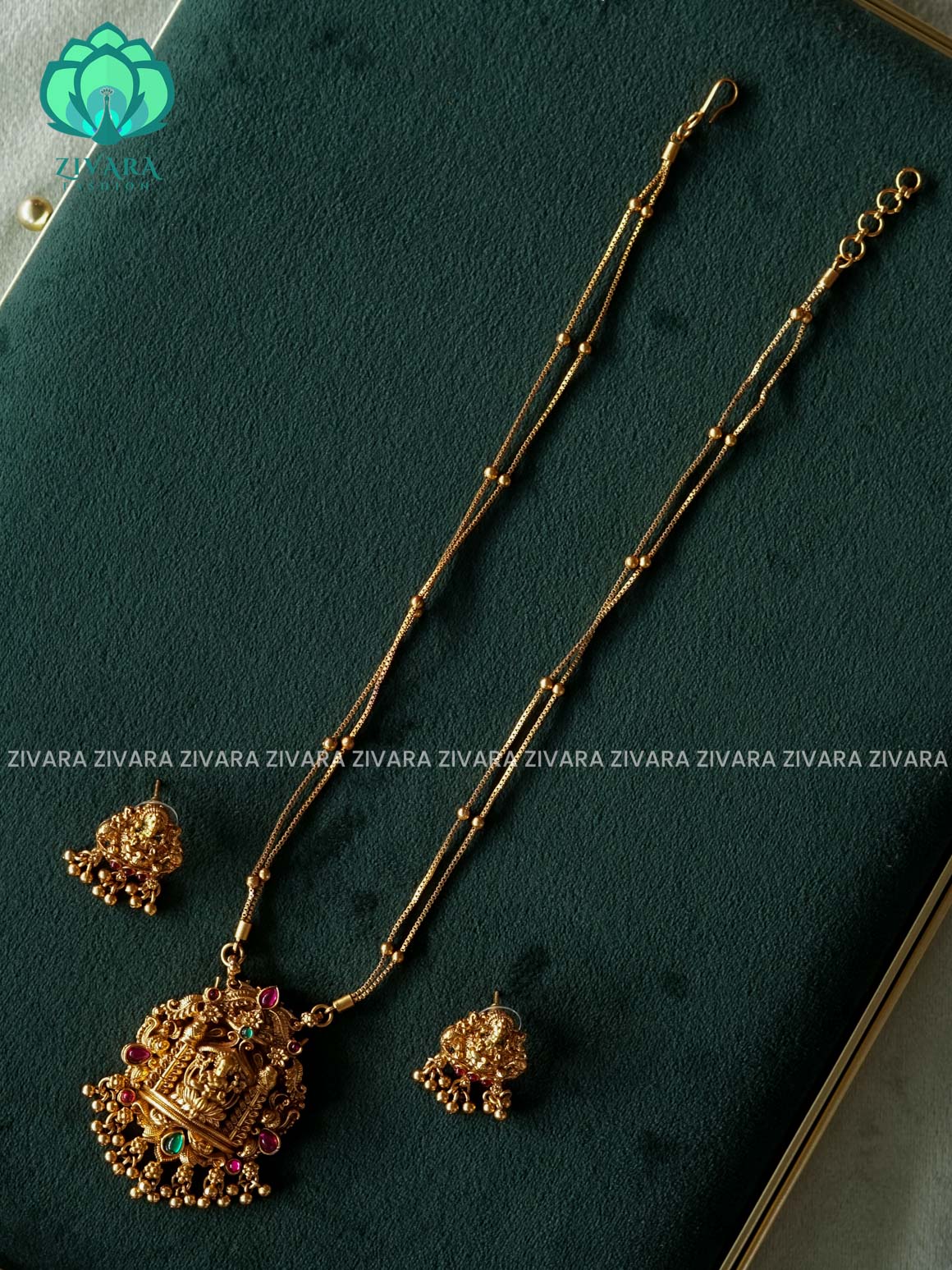 TEMPLE PENDANT with Flexible chain - Traditional south indian NORMAL MATTE neckwear with earrings - Zivara Fashion