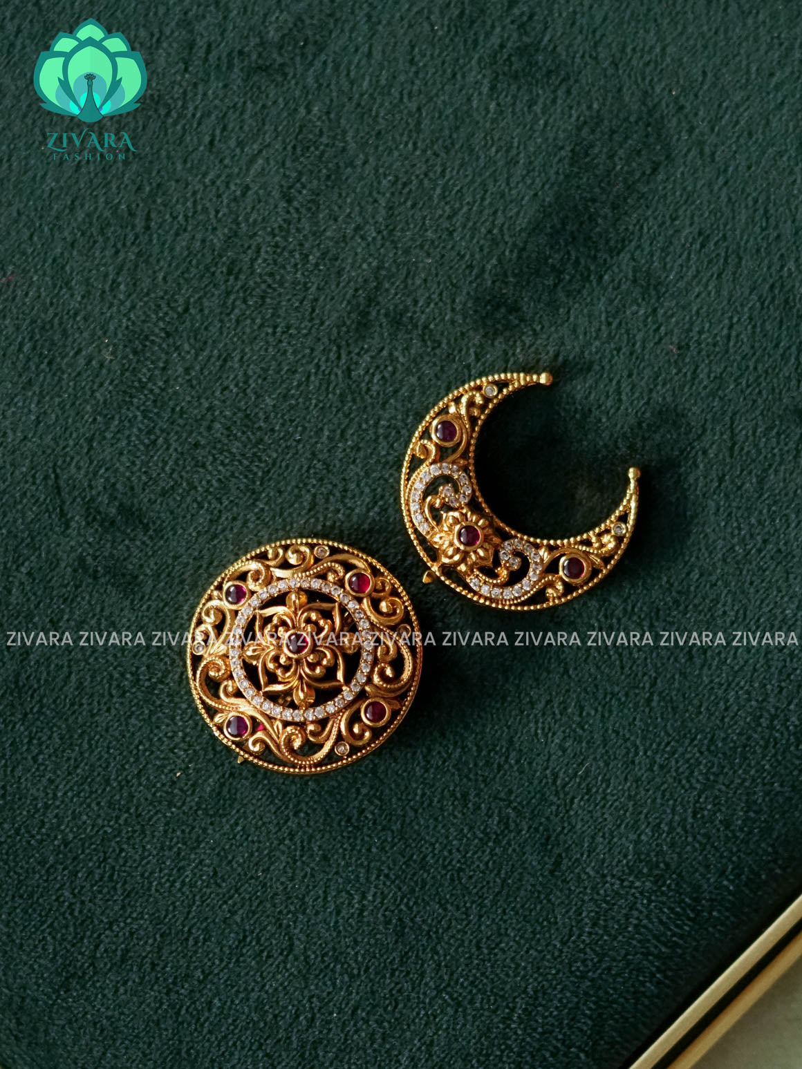 RUBY and GREEN -SUN MOON - SURYA CHANDRA - TRADITIONAL(2 INCHES) REAL KEMP  HAIR ACCESSORIES- ZIVARA FASHION