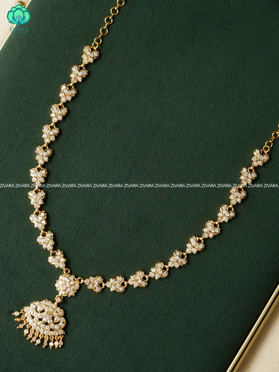 AMBIGAI - WHITE STONE MICROGOLD POLISH LONG HAARAM   -Traditional south indian premium HAARAM- Zivara Fashion- latest jewellery design