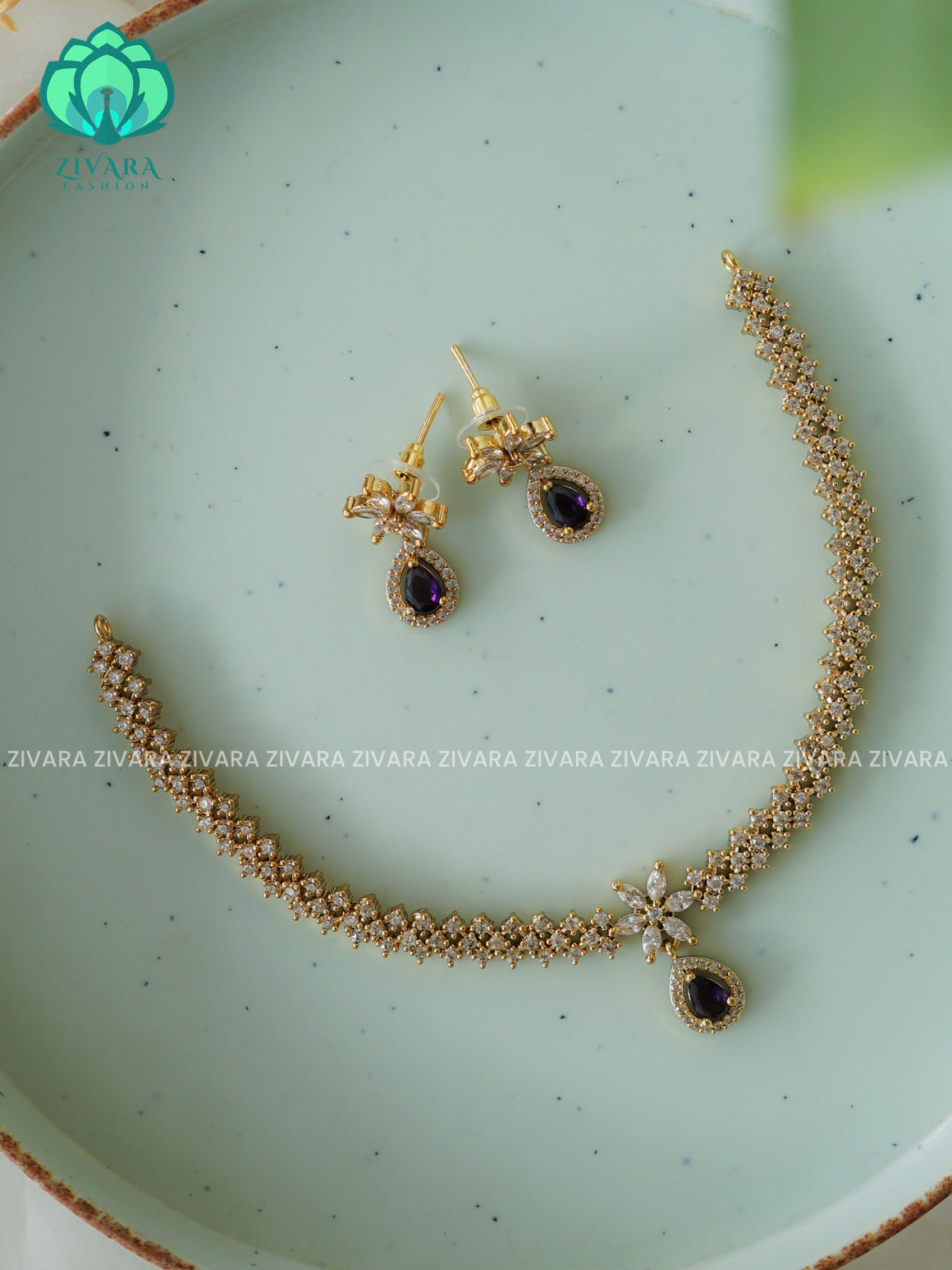 PURPLE  HOTSELLING TEAR DROP  -PREMIUM SUBTLE GOLD FINISH  stylish and minimal elegant neckwear with earrings- Zivara Fashion