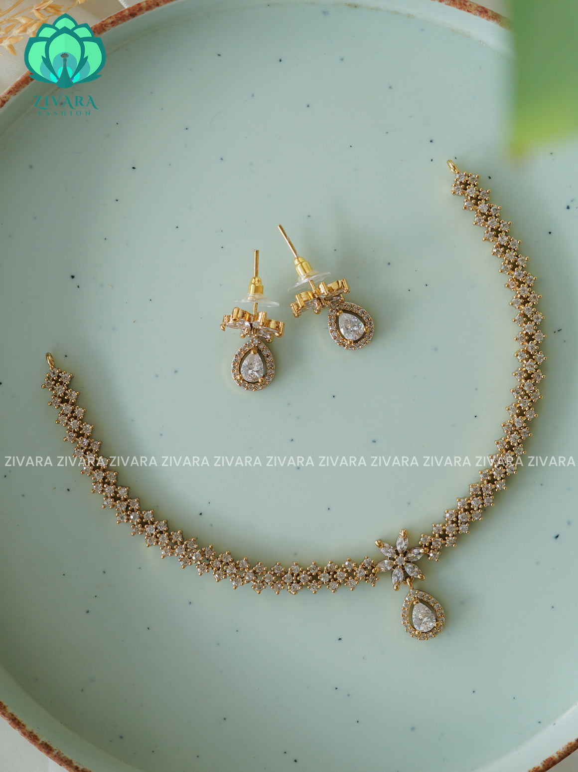 WHITE HOTSELLING TEAR DROP  -PREMIUM SUBTLE GOLD FINISH  stylish and minimal elegant neckwear with earrings- Zivara Fashion