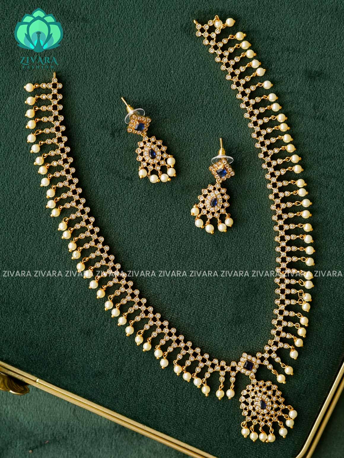 DESIGNER ELEGANT WHITE BLUE STONE HAARAM - Traditional PREMIUM MATTE polish MIDCHEST haaram/neckwear with earrings- Zivara Fashion