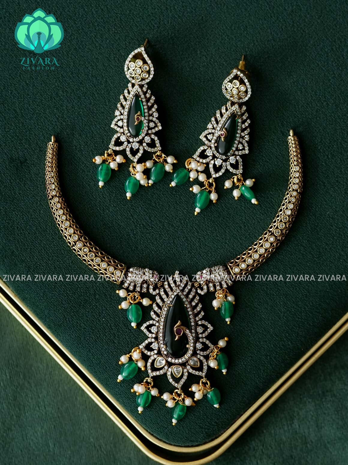 Green  - Tear hasli - Ultra premium victoria finish dark polish trending neckwear collection- bridal collection- Zivara Fashion