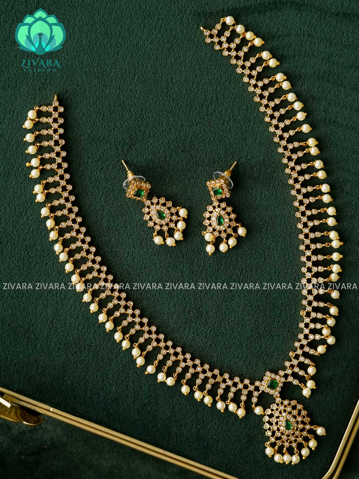 DESIGNER ELEGANT WHITE GREEN STONE HAARAM - Traditional PREMIUM MATTE polish MIDCHEST haaram/neckwear with earrings- Zivara Fashion