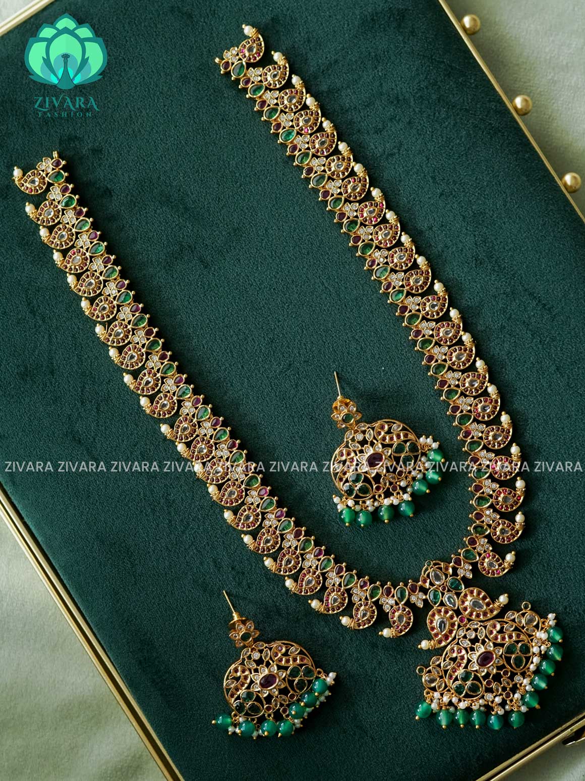PEACOCK MANGA REAL KEMP BRIDAL HAARAM  WITH GREEN BEADS HANGINGS - Traditional premium long haaram/neckwear with earrings- Zivara Fashion