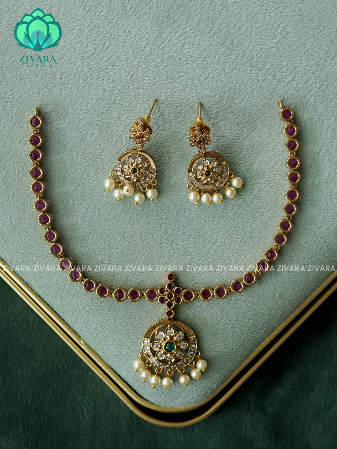 EVERGREEN MATTE FINISH ruby green stone attigai-Traditional south indian premium neckwear - Zivara Fashion- latest jewellery design.
