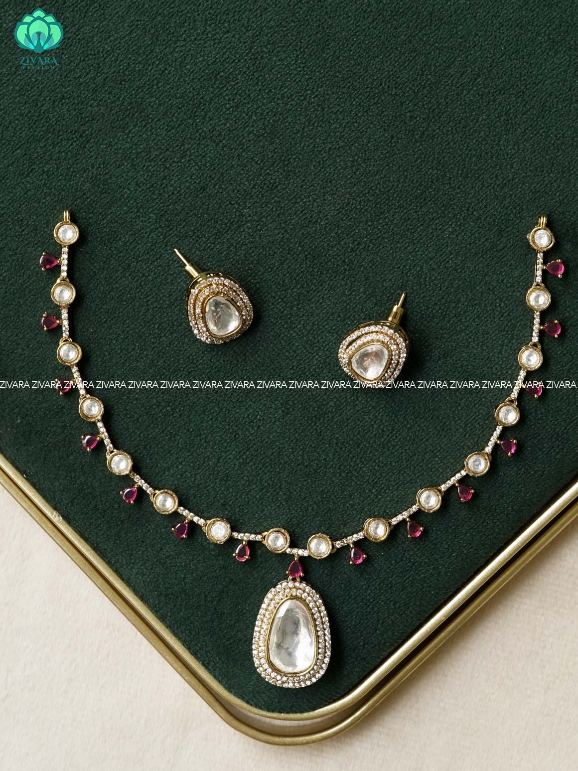 POLKI WHITE STONE TEAR  MOTIF - stylish and minimal elegant neckwear with earrings- Zivara Fashion