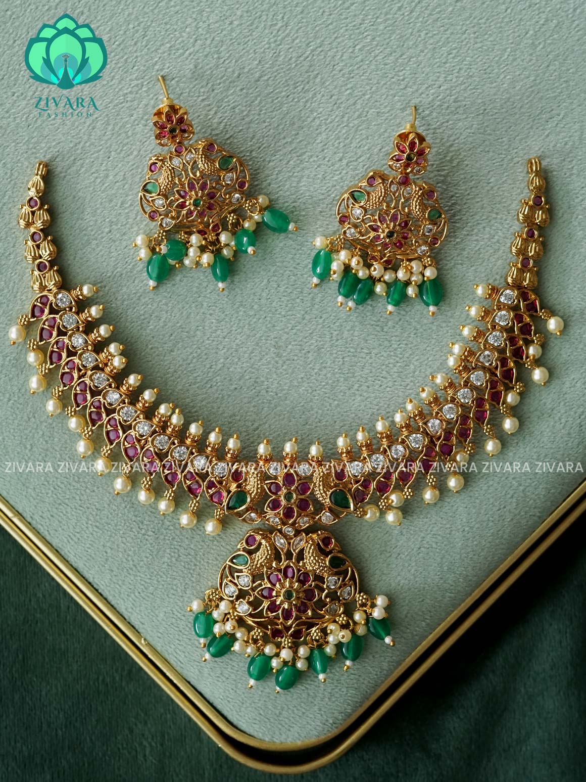 AKSHAYAM - REAL KEMP PEACOCK BRIDAL HASLI neckwear with green beads hangings- Zivara Fashion