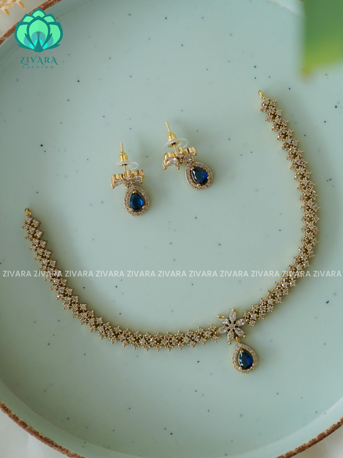 BLUE  HOTSELLING TEAR DROP  -PREMIUM SUBTLE GOLD FINISH  stylish and minimal elegant neckwear with earrings- Zivara Fashion