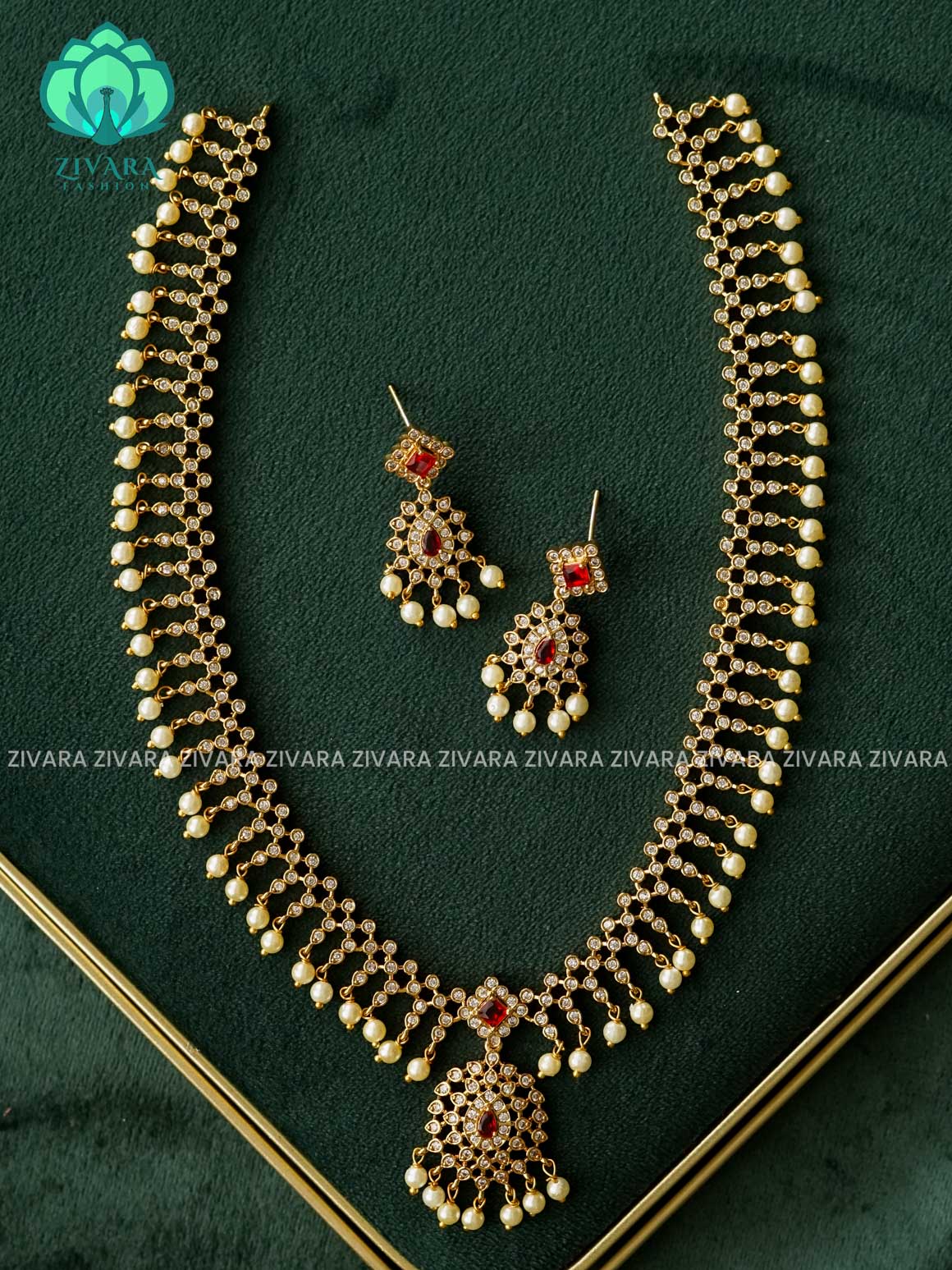 DESIGNER ELEGANT WHITE RUBY STONE HAARAM - Traditional PREMIUM MATTE polish MIDCHEST haaram/neckwear with earrings- Zivara Fashion