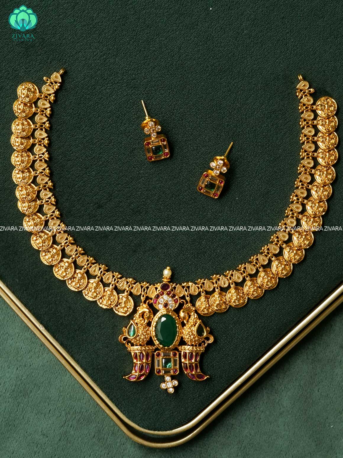 REAL KEMP STONE COIN WITH PEACOCK PENDANT -Traditional south indian premium neckwear with earrings- Zivara Fashion- latest jewellery design