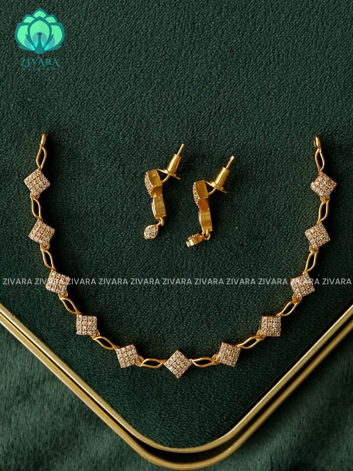 KANYA WHITE DIAMOND ELEGANT -  SUBTLE POLISH stylish and minimal elegant neckwear with earrings- Zivara Fashion