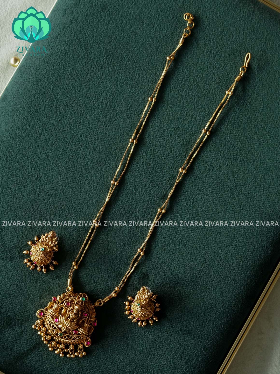 TEMPLE PENDANT with Flexible chain - Traditional south indian NORMAL MATTE neckwear with earrings - Zivara Fashion