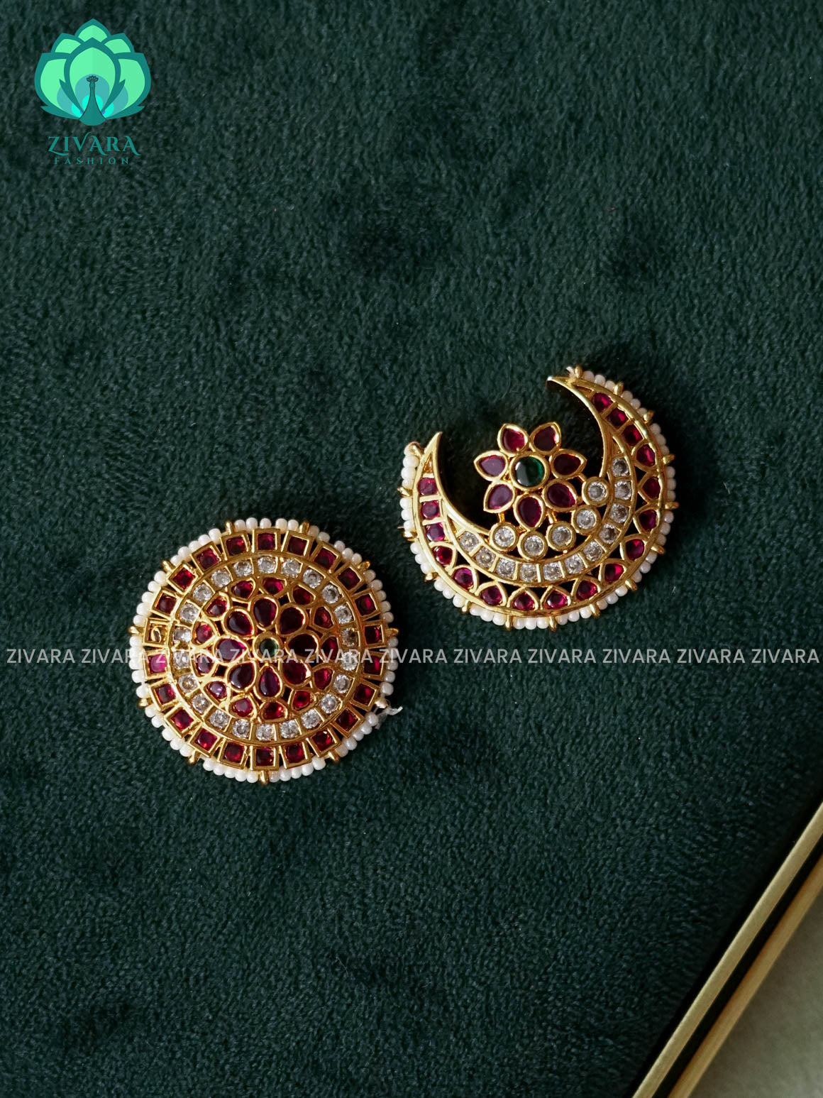 RUBY and GREEN -SUN MOON - SURYA CHANDRA - TRADITIONAL(2 INCHES) REAL KEMP  HAIR ACCESSORIES- ZIVARA FASHION