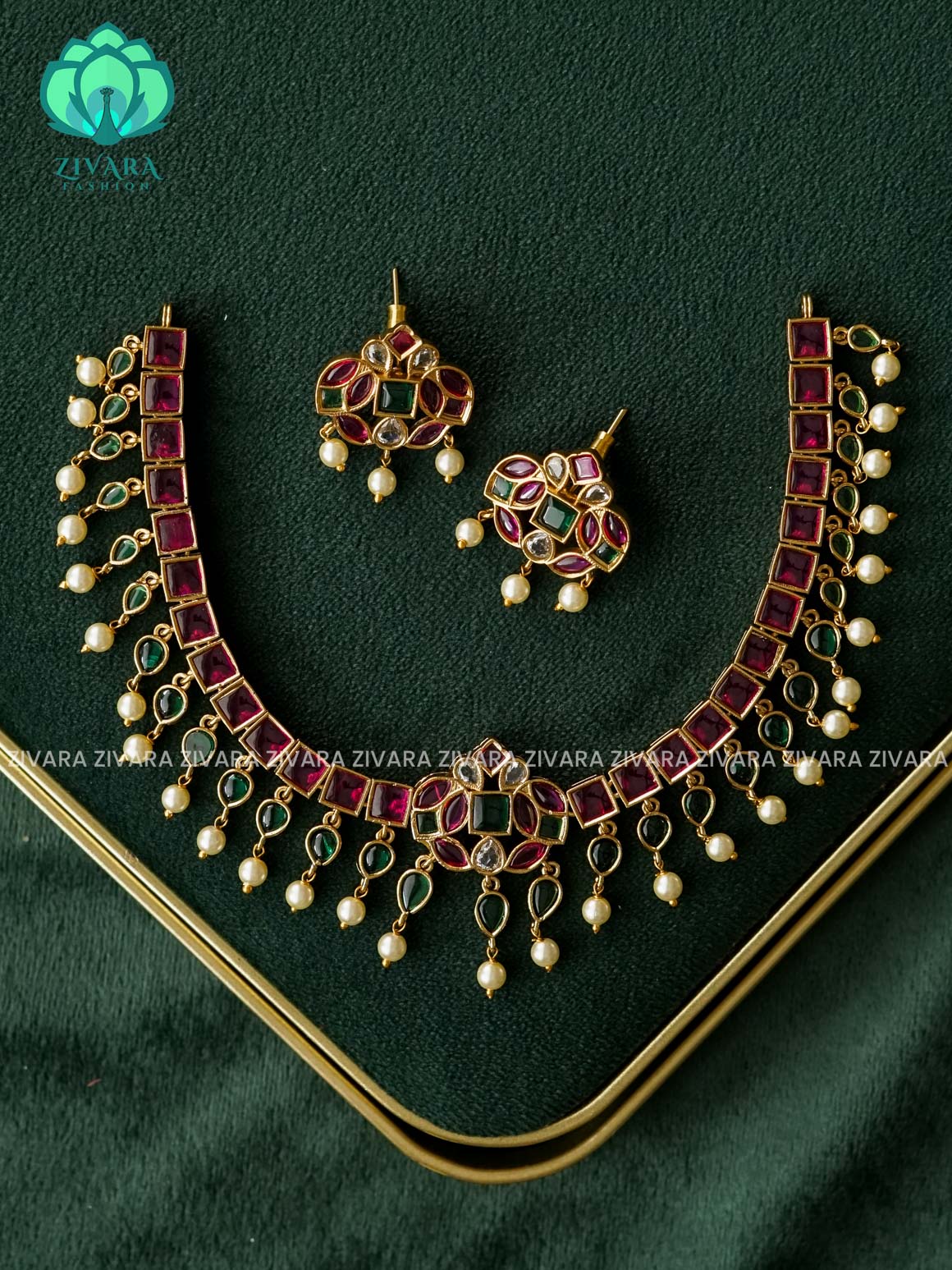 REAL KEMP RUBY GREEN WHITE - Traditional south indian premium neckwear with earrings- Zivara Fashion- latest jewellery design