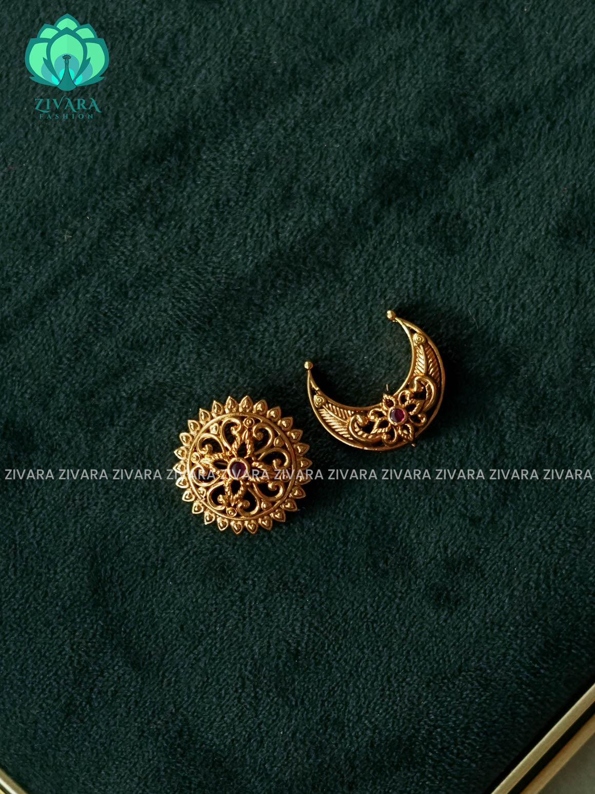 RUBY and GREEN -SUN MOON - SURYA CHANDRA -  SMALL SIZE TRADITIONAL(2 INCHES) REAL KEMP  HAIR ACCESSORIES- ZIVARA FASHION