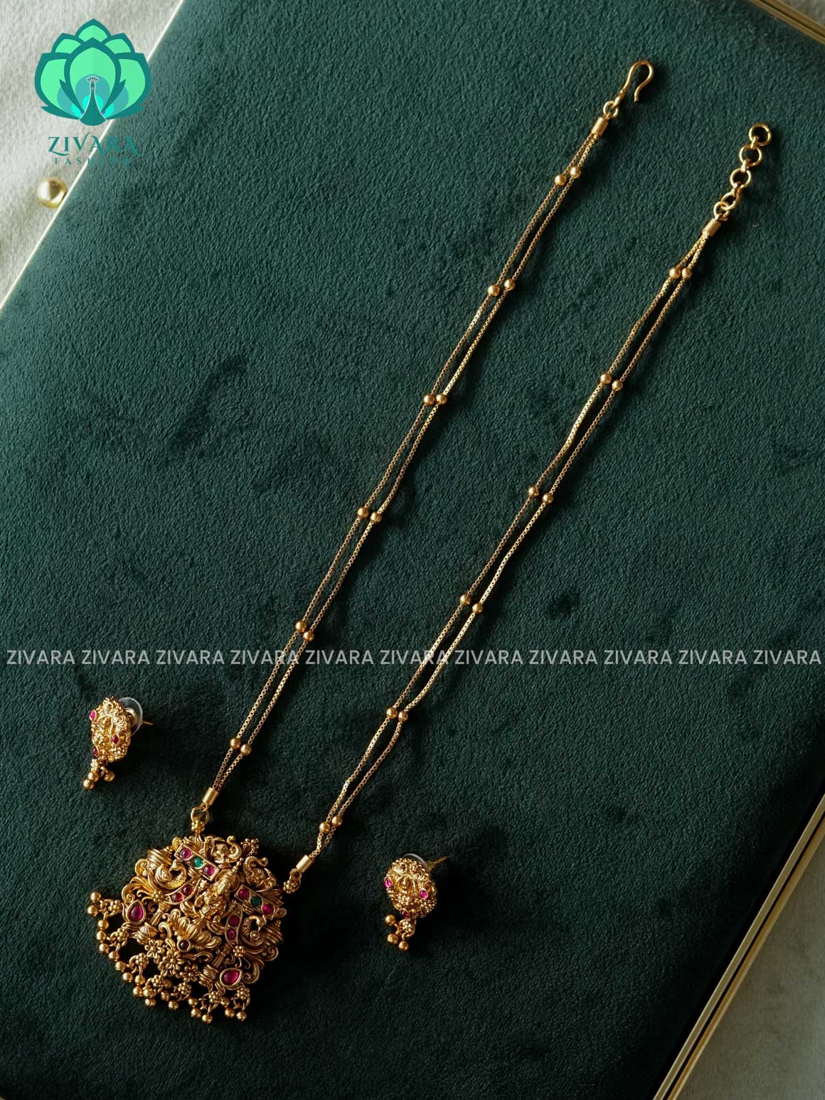 TEMPLE PENDANT with Flexible chain - Traditional south indian NORMAL MATTE neckwear with earrings - Zivara Fashion