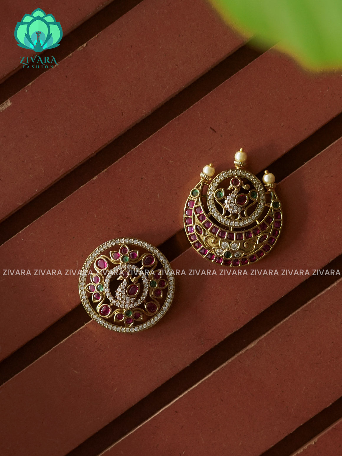 RUBY and GREEN -SUN MOON - SURYA CHANDRA - TRADITIONAL(2 INCHES) REAL KEMP  HAIR ACCESSORIES- ZIVARA FASHION
