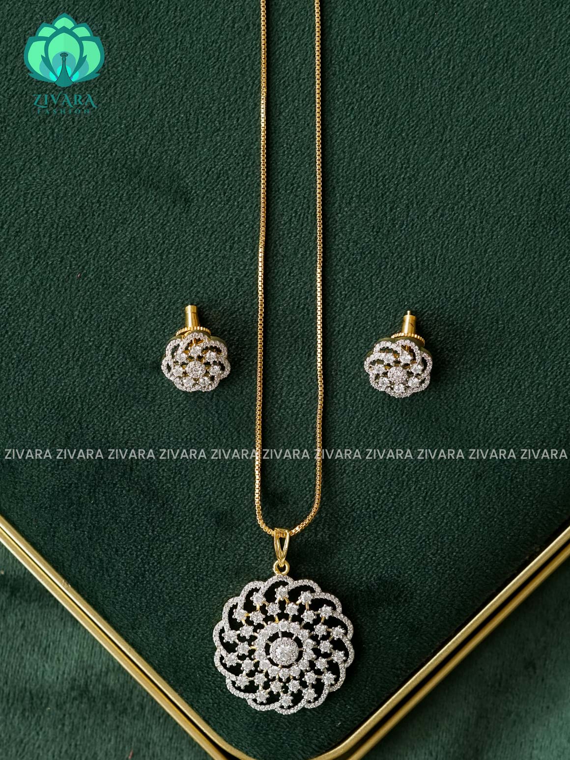 Zyra- Diamond replica Gold polish-pendant set and earrings  -Trending office wear jewellery-Zivara fashion