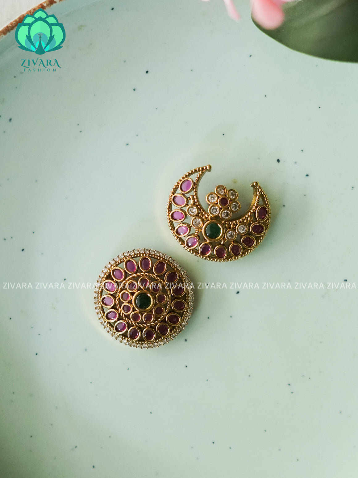 RUBY and GREEN -SUN MOON - SURYA CHANDRA - TRADITIONAL(2 INCHES) REAL KEMP  HAIR ACCESSORIES- ZIVARA FASHION