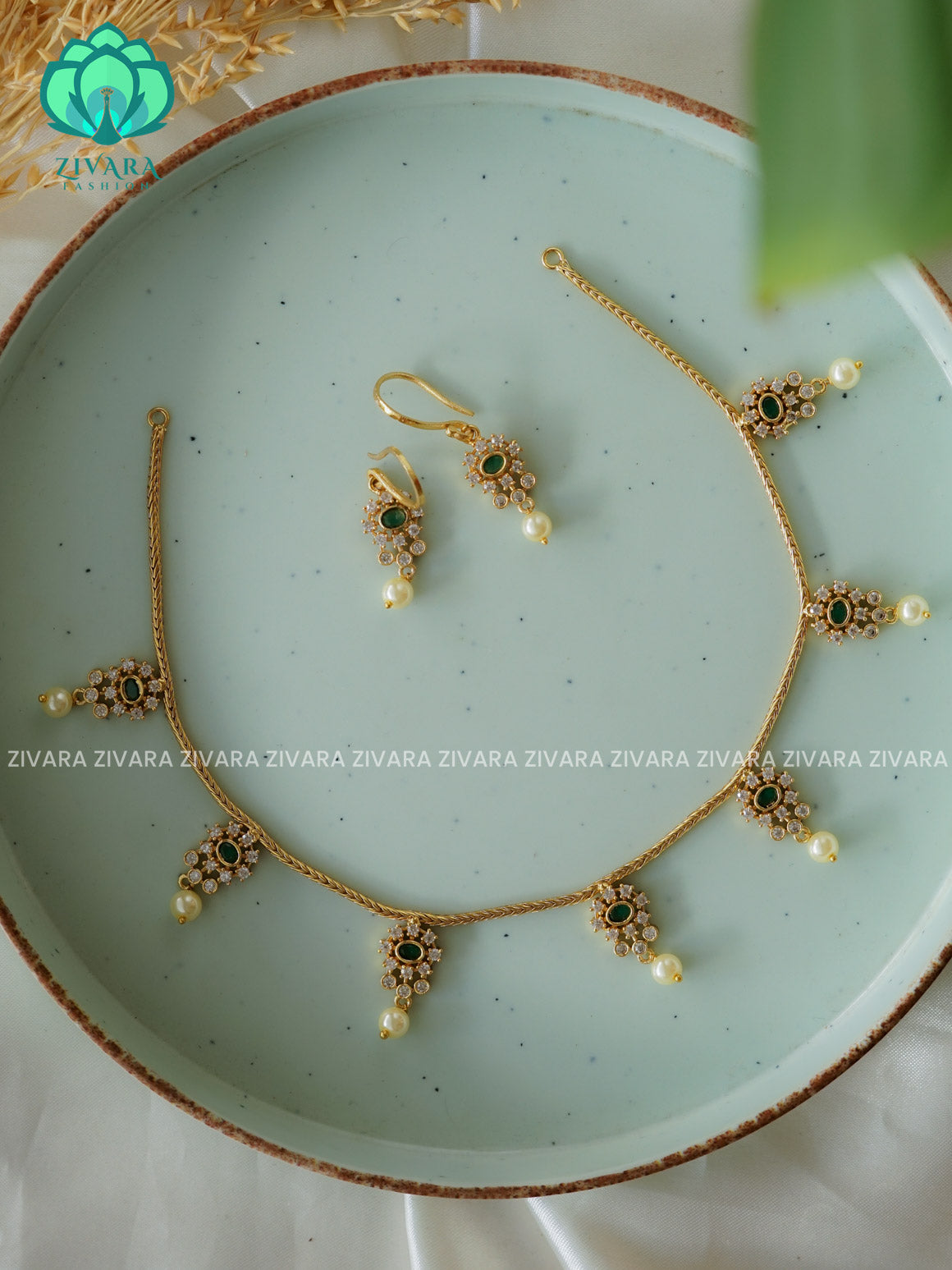 GREEN OVAL  FLEXIBLE CHAIN WITH HANGING -Traditional south indian premium neckwear with earrings- Zivara Fashion- latest jewellery design