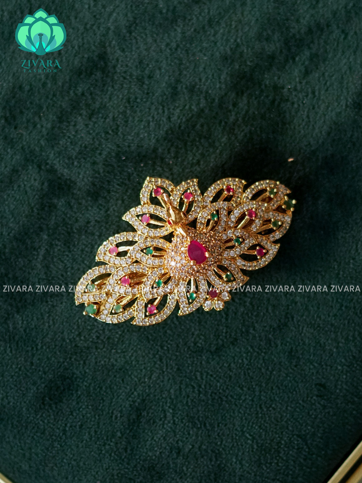 PEACOCK RUBY GREEN WHITE STONE  HAIRCLIPS  - TRADITIONAL HAIR ACCESSORIES - ZIVARA FASHION
