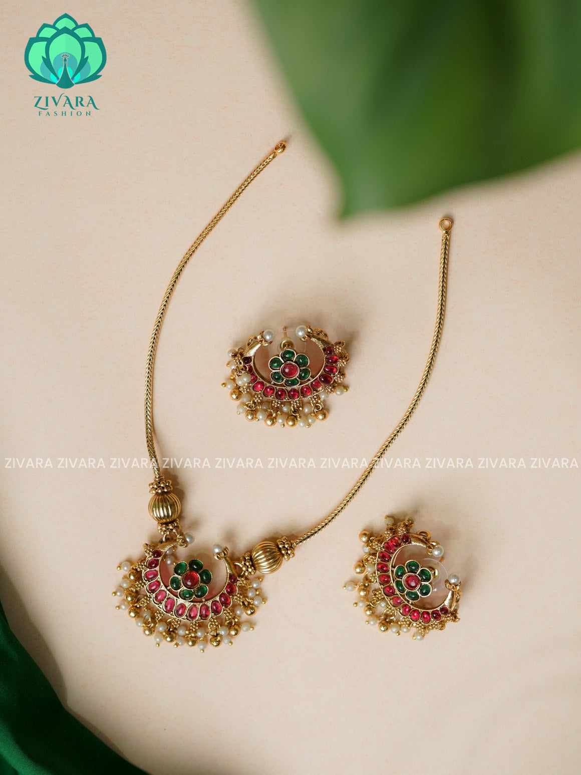 RUBY AND GREEN - MOON  with Flexible chain - Traditional south indian NORMAL MATTE neckwear with earrings - Zivara Fashion