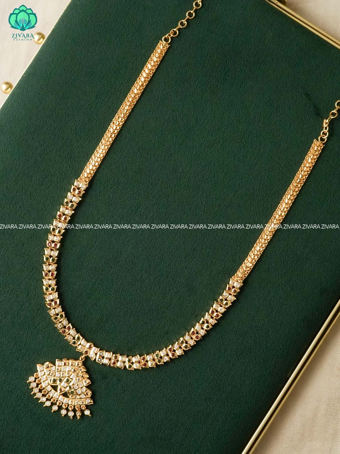 AMBIGAI - RUBY GREEN LEAF MICROGOLD POLISH LONG HAARAM   -Traditional south indian premium HAARAM- Zivara Fashion- latest jewellery design