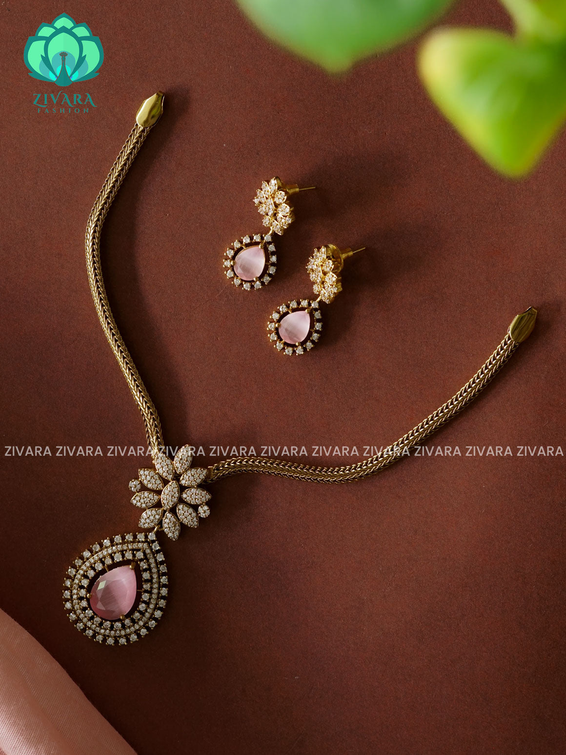 PINK- BIG SIZE TEAR PENDANT- Traditional south indian NORMAL MATTE neckwear with earrings - Zivara Fashion
