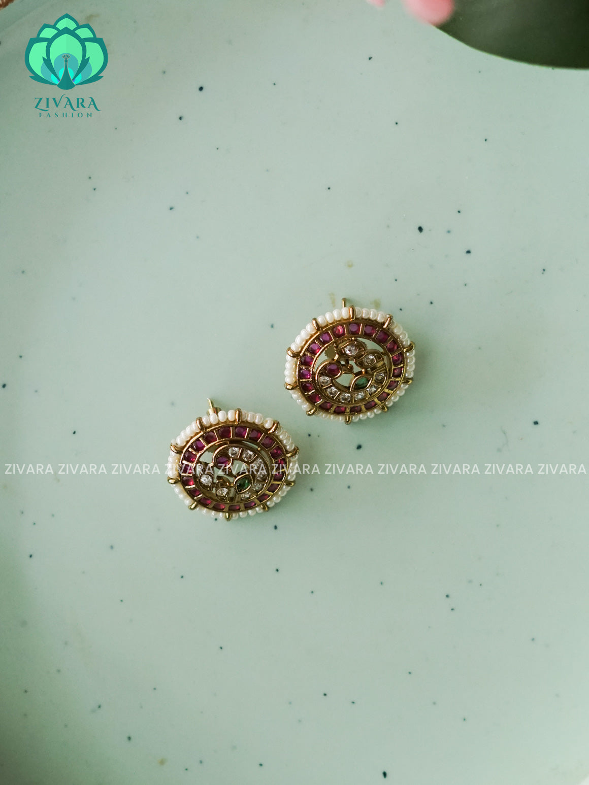 SMALL SIZE REAL KEMP PEACOCK MOTIF STUD - latest jewellery collection- zivara fashion