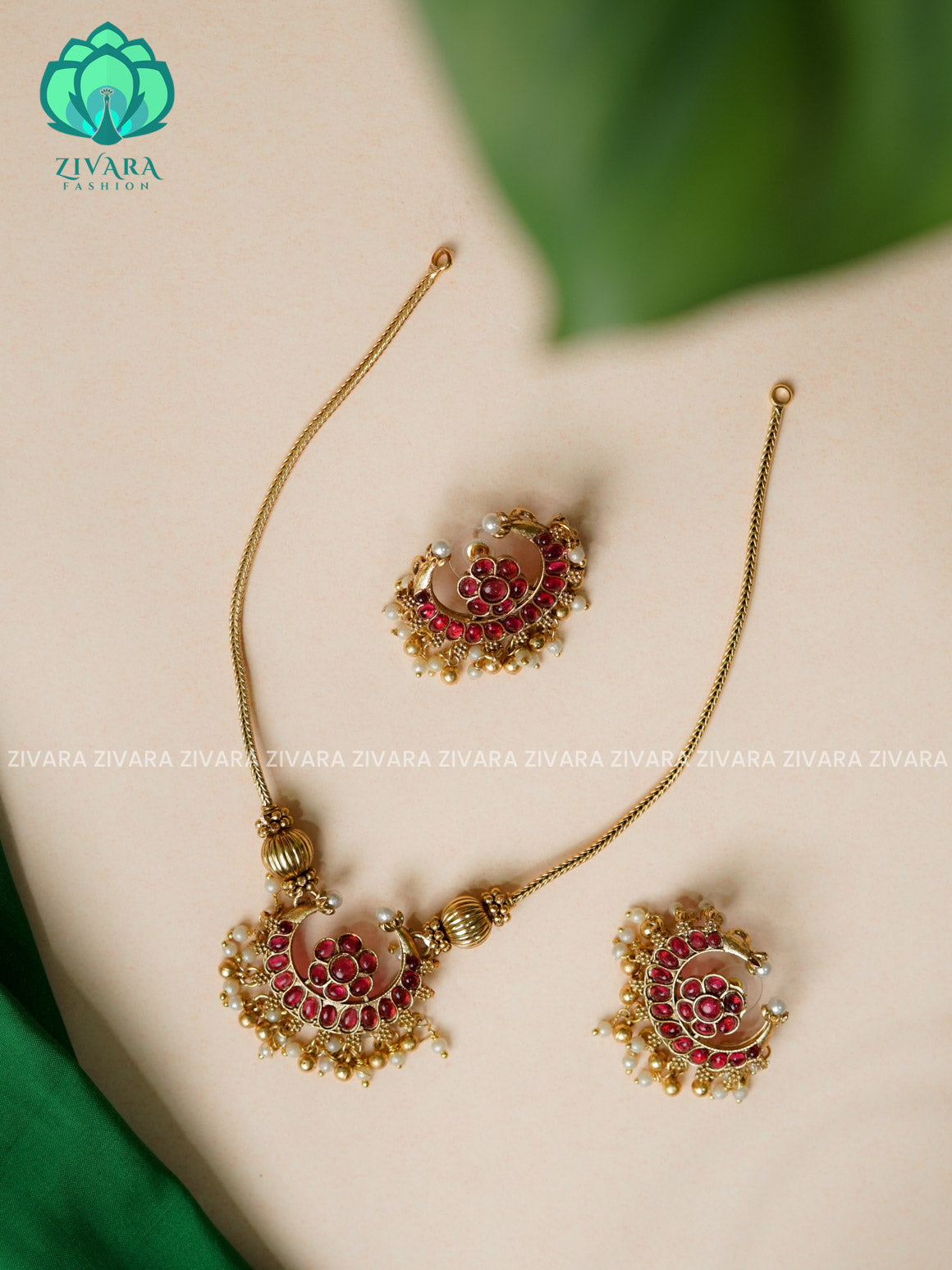 RUBY  - MOON  with Flexible chain - Traditional south indian NORMAL MATTE neckwear with earrings - Zivara Fashion