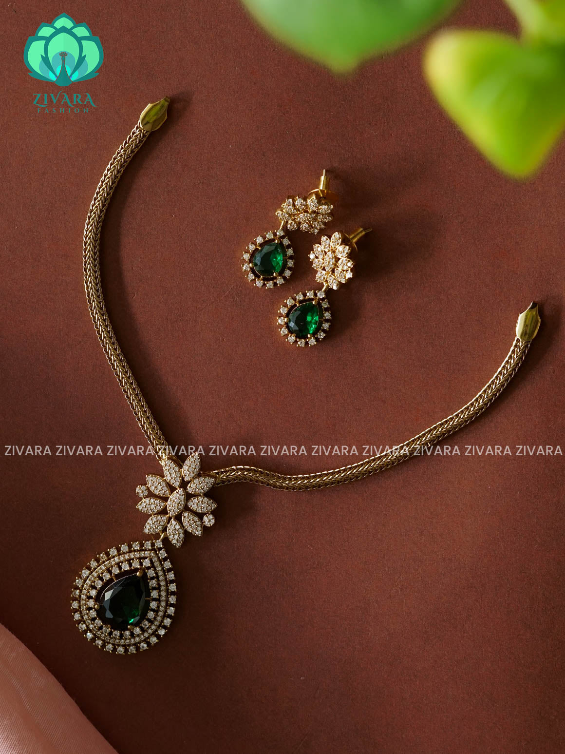 GREEN - BIG SIZE TEAR PENDANT- Traditional south indian NORMAL MATTE neckwear with earrings - Zivara Fashion
