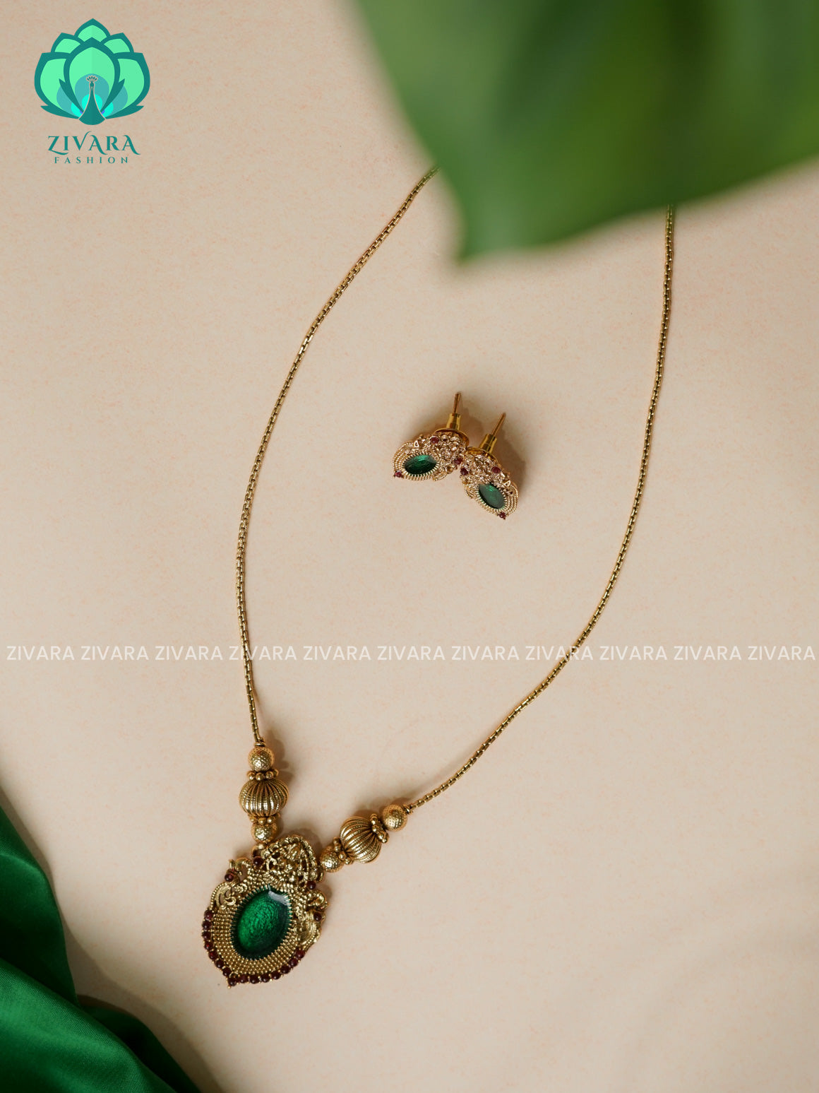 GREEN oval PALAKKAD ENAMEL flexible chain  - Traditional south indian NORMAL MATTE neckwear with earrings - Zivara Fashion