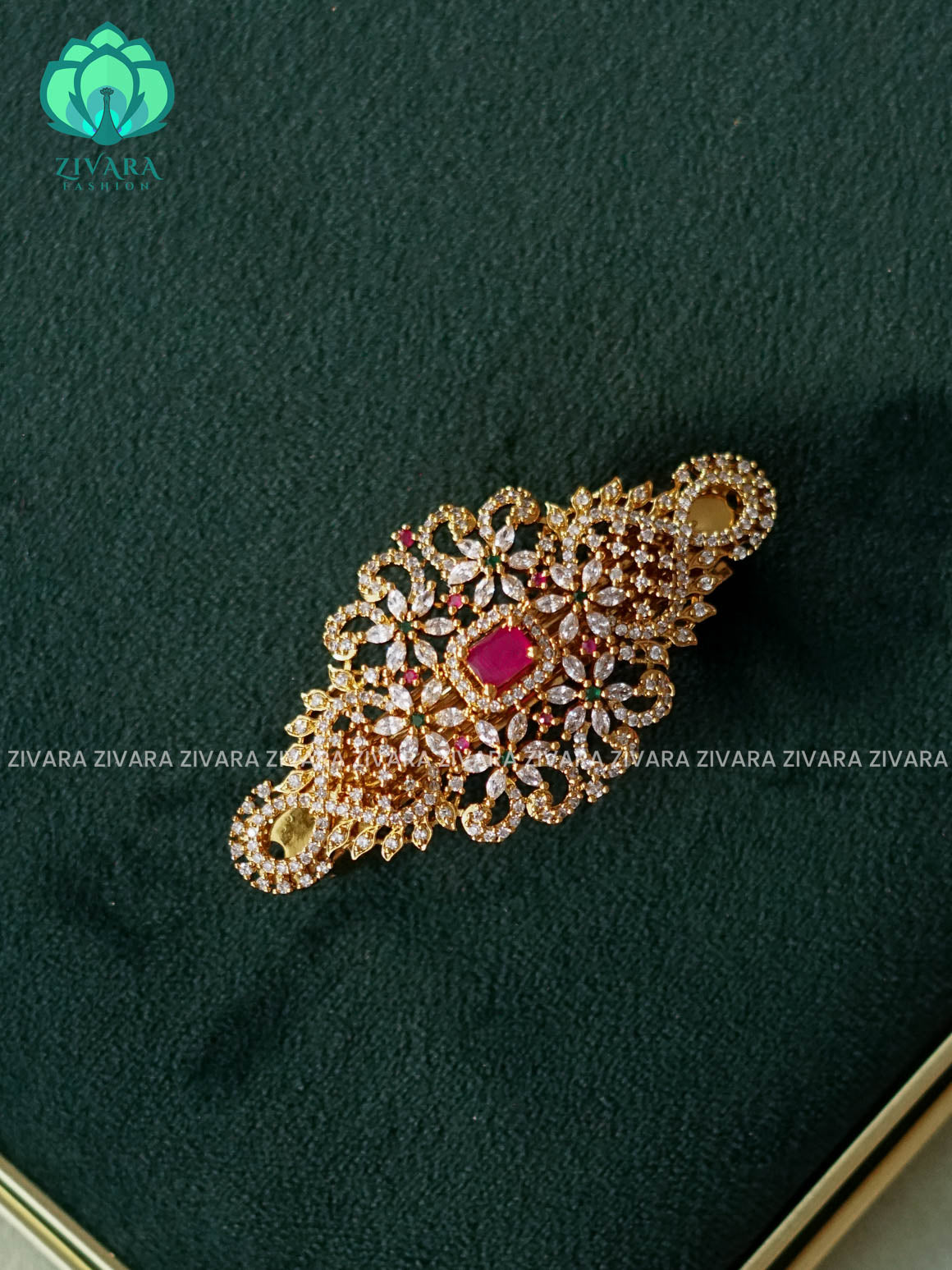 FLORAL  RUBY GREEN WHITE STONE  HAIRCLIPS  - TRADITIONAL HAIR ACCESSORIES - ZIVARA FASHION