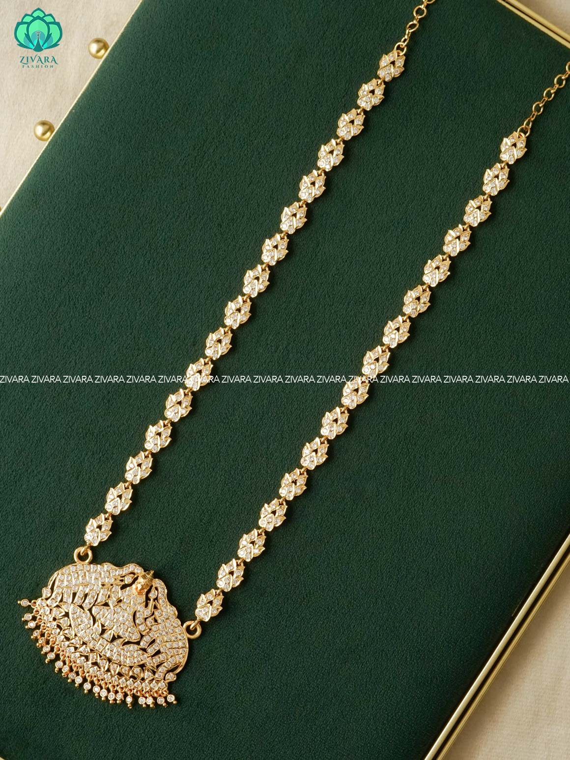 AMBIGAI -  WHITE STONE TEMPLE WITH ELEPHANT MICROGOLD POLISH LONG HAARAM   -Traditional south indian premium HAARAM- Zivara Fashion- latest jewellery design