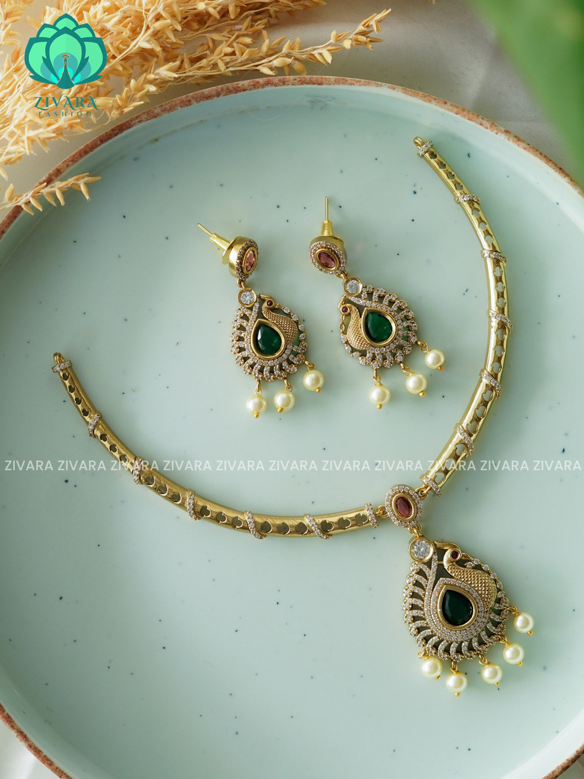 GREEN TEAR PEACOCK PREMIUM SUBTLE GOLD FINISH  stylish and minimal HASLI neckwear with earrings- Zivara Fashion