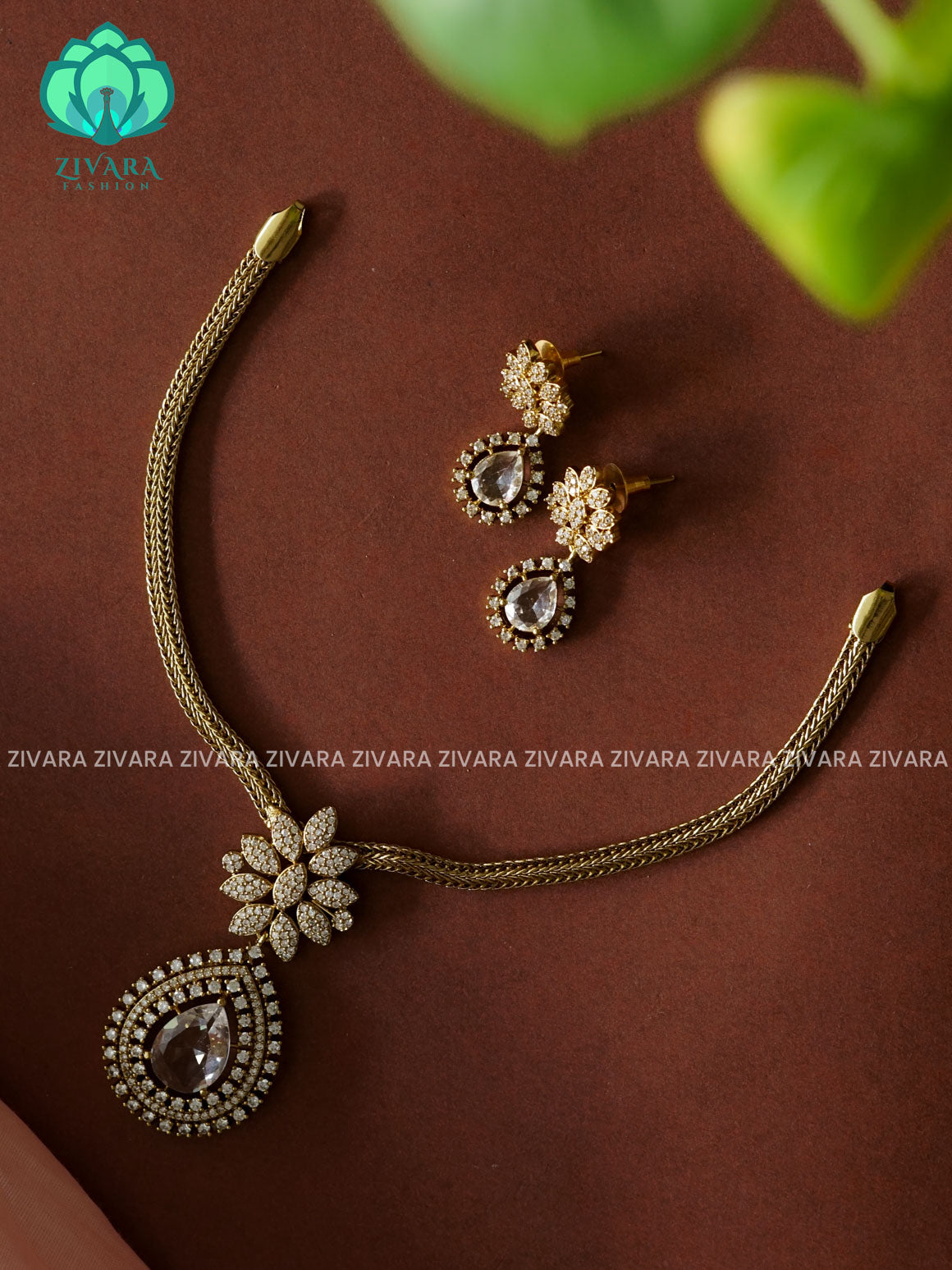 WHITE- BIG SIZE TEAR PENDANT- Traditional south indian NORMAL MATTE neckwear with earrings - Zivara Fashion