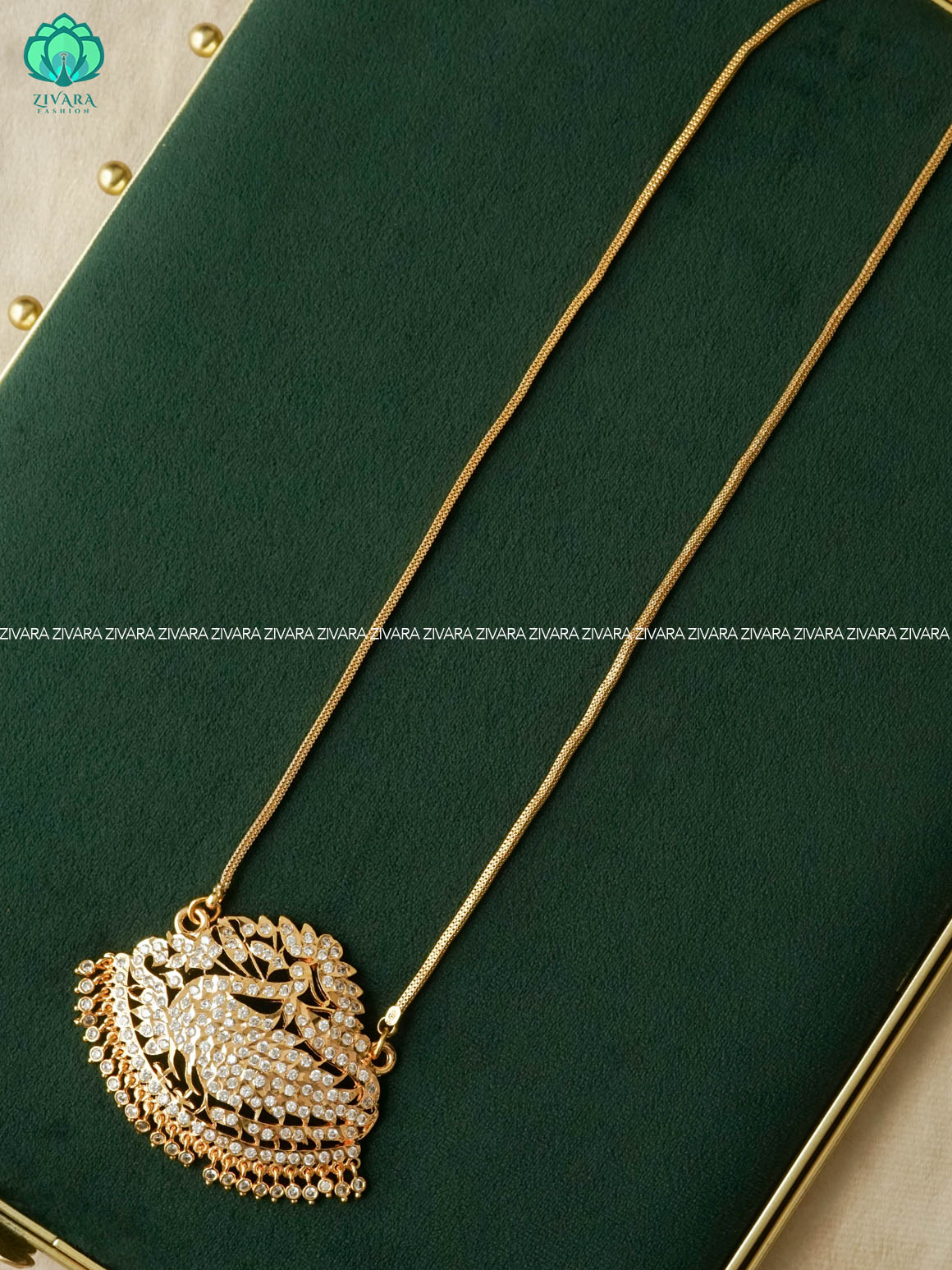 AMBIGAI - WHITE STONE PEACOCK MICROGOLD POLISH WITH LONG CHAIN -Traditional south indian premium HAARAM- Zivara Fashion