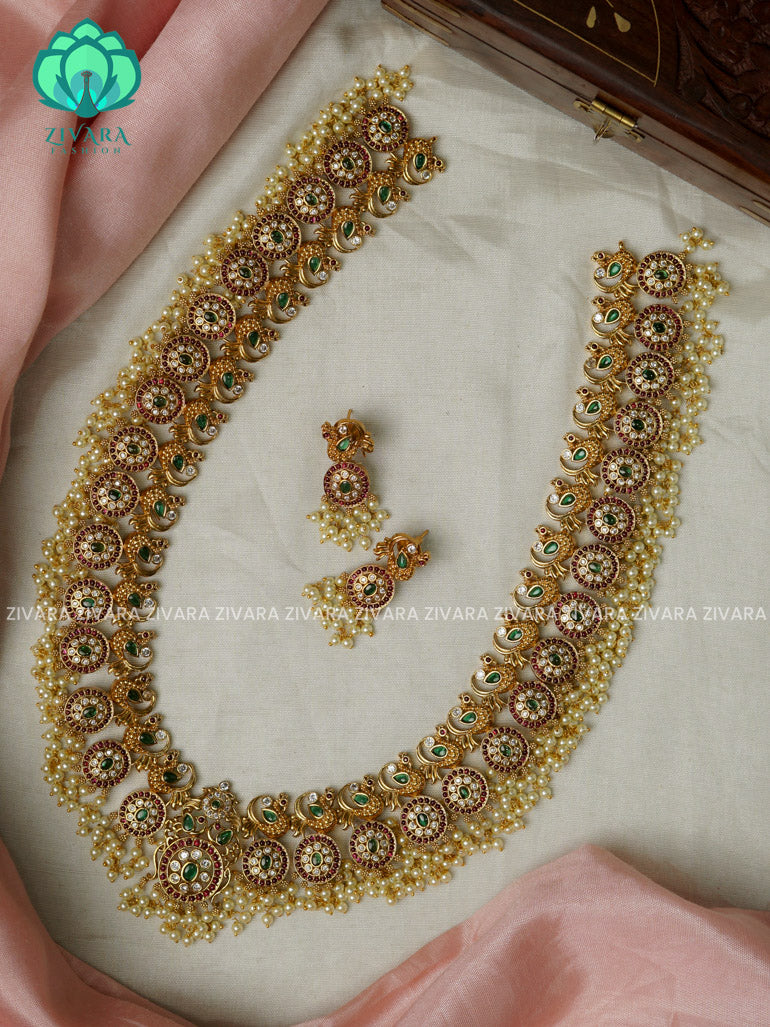 BRIDAL ANNAPAKSHI U TYPE  - Traditional PREMIUM MATTE polish MIDCHEST haaram/neckwear with earrings- Zivara Fashion